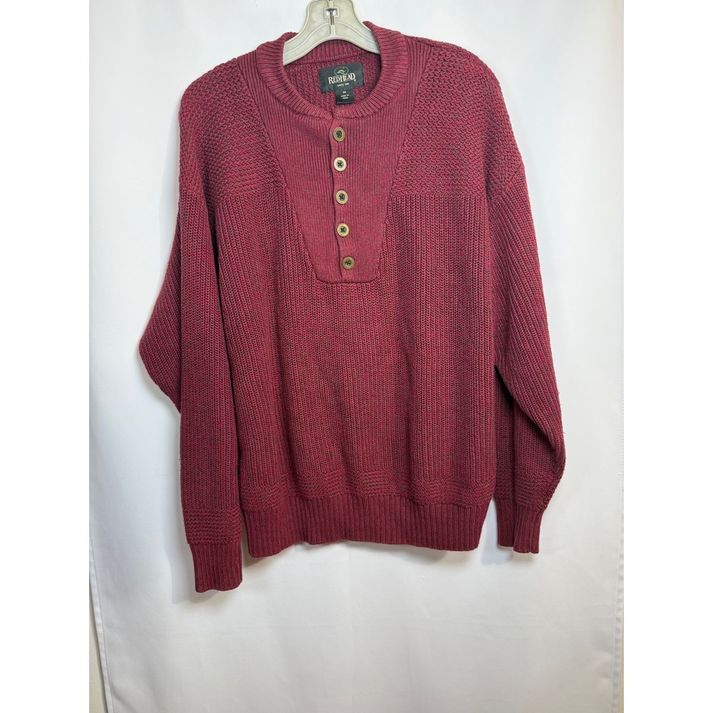 RedHead Mens Henley Sweater Burgundy Maroon Knit Button Neck Cotton Blend M